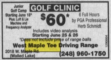 West Maple Tee Driving Range - June 2001 Ad (newer photo)